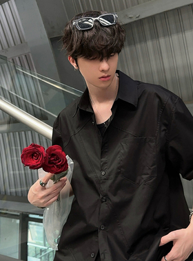 junmanner 黑色纯棉美式复古潮流翻领长袖衬衫上衣春夏季男生衬衣