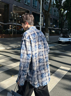 junmanner 扎染做旧格子美式复古潮流翻领长袖衬衫春夏季男生衬衣