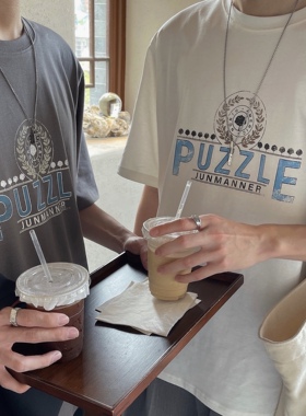 junmanner 字母印花美式潮流宽松打底圆领半袖针织上衣夏男生T恤