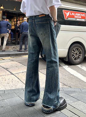 junmanner 微喇叭阔腿美式复古潮牌直筒磨破牛仔裤春夏季生男裤子