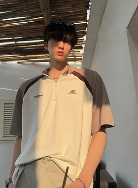 junmanner 撞色小字母美式潮流宽松立领半袖针织上衣夏季男生T恤