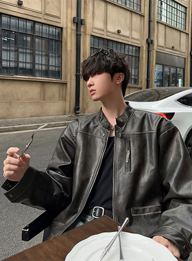 junmanner 复古美拉德擦旧皮机车皮衣男秋短款宽松立领PU皮外套潮