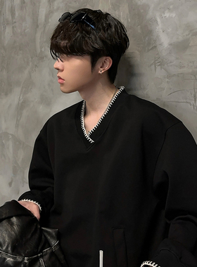 junmanner V领纯色美式潮流高级感宽松黑色长袖上衣春秋男生卫衣