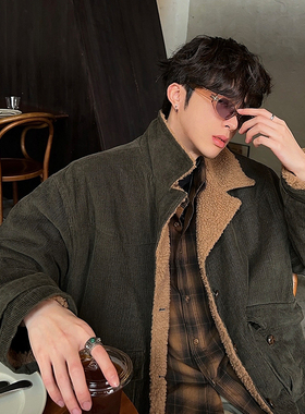 junmanner 羊羔毛灯芯绒翻毛领美式加厚保暖上衣春秋男生夹克外套