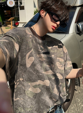 junmanner 褪色迷彩短袖t恤男夏季洗水做旧复古美式宽松情侣上衣