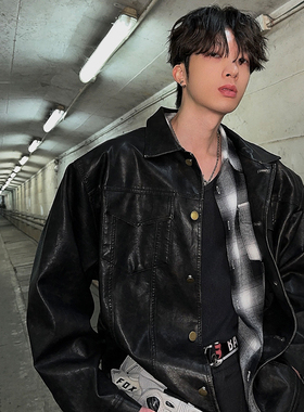 junmanner 仿皮翻领美式复古飞行员机车长款痞帅风皮衣春秋男夹克