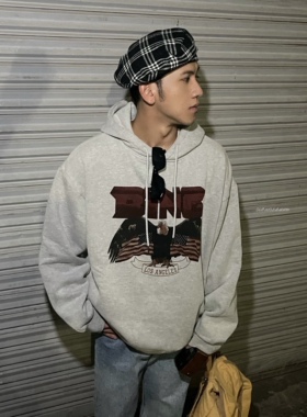 junmanner 自制款加绒老鹰印花卫衣男2024春休闲宽松连帽上衣