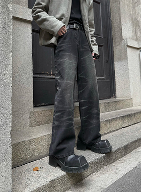 junmanner 洗水做旧波浪纹阔腿牛仔裤男复古宽松高腰休闲直筒长裤