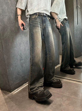 junmanner 微喇叭磨白美式潮流宽松休闲做旧牛仔裤春夏季男生裤子