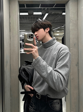 junmanner半高领美式潮流宽松翻领长袖针织上衣春秋男生T恤打底衫