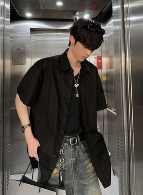 junmanner 黑色条纹理美式潮流宽松圆领半袖针织上衣夏季男生衬衣