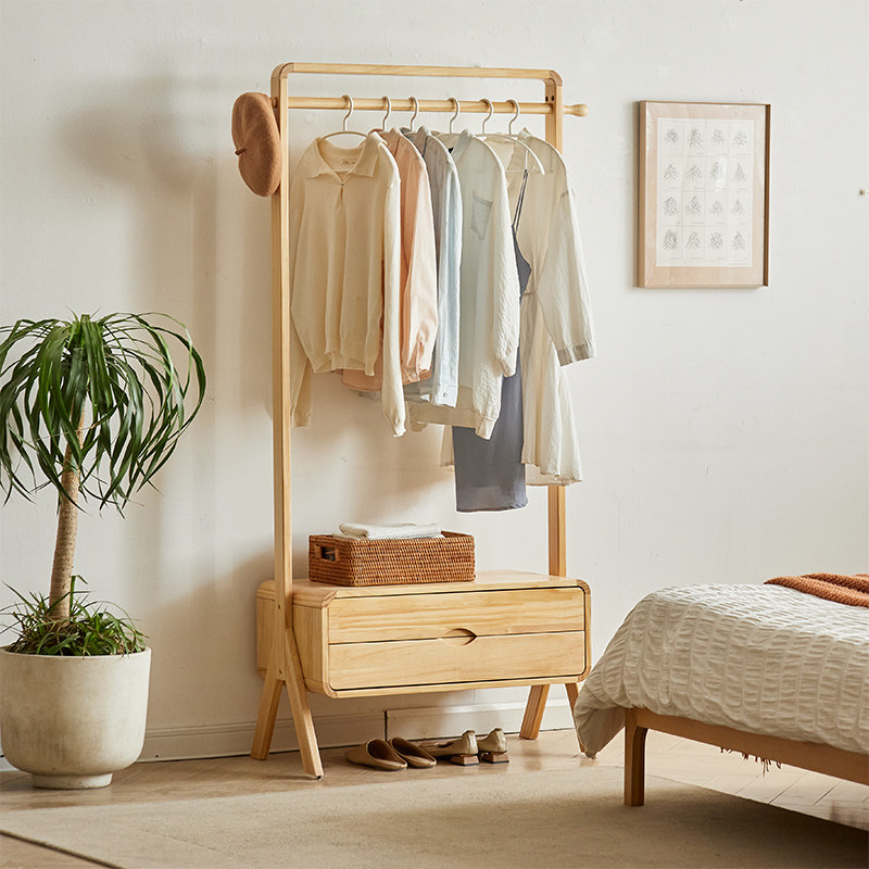 实木家用挂衣架落地卧室衣帽架房间挂衣服架子原木立式衣架带抽屉