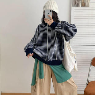 条纹宽松立领拉链毛衣外套女款秋冬韩系慵懒百搭软糯条纹立领毛衣