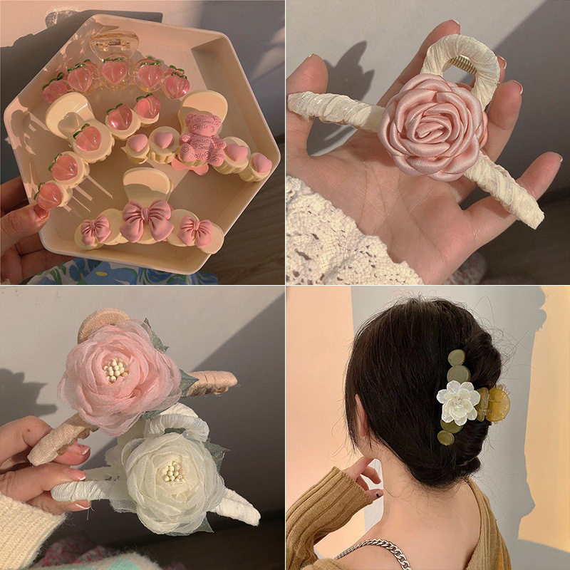 法式粉色布艺玫瑰花朵发夹小清新可爱超仙鲨鱼夹抓夹甜美春季发饰