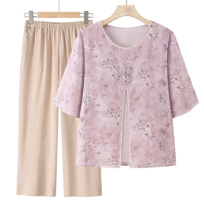 妈妈夏装假两件上衣七分袖中老年