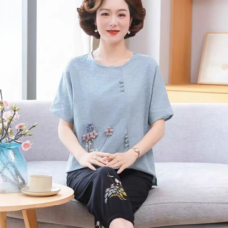 奶奶夏装短袖上衣女中老年薄款棉