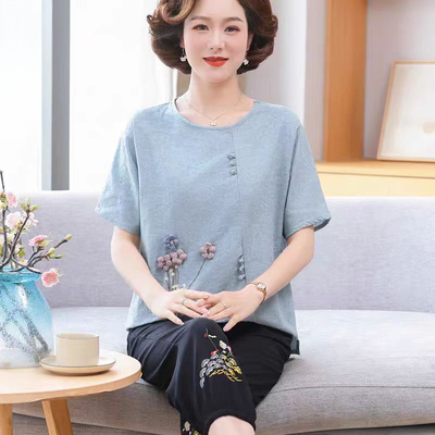 奶奶夏装短袖上衣女中老年薄款棉