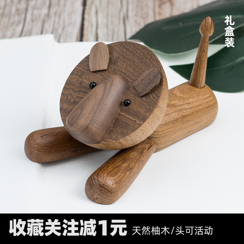 木头小狮子仿真动物儿童玩具北欧家居饰品书房摆件创意网红礼物