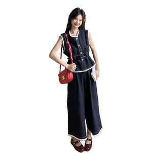 蕾丝拼接牛仔套装女2025夏季新款设计感超火减龄马甲阔腿裤两件套图片