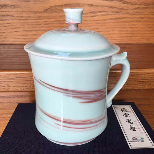 青瓷绞胎手工带盖礼盒办公杯