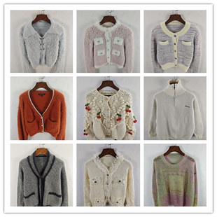 古着秋冬复古韩版宽松修身纯色图案短中长款秋冬毛衣外套女