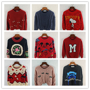 古着秋冬复古韩版宽松修身纯色图案短中长款秋冬毛衣外套女特价