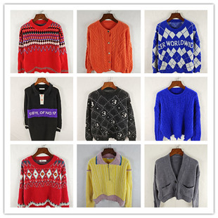 古着秋冬复古韩版宽松修身纯色图案短中长款秋冬毛衣外套女特价