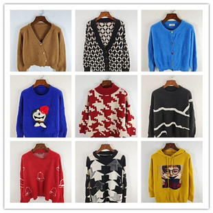 古着秋冬复古韩版宽松修身纯色图案短中长款秋冬毛衣外套女特价