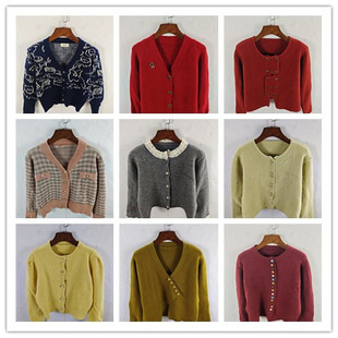 古着秋冬复古韩版宽松修身纯色图案短中长款秋冬毛衣外套女