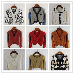 古着秋冬复古韩版宽松修身纯色图案短中长款秋冬毛衣外套女