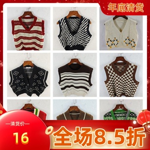 古着秋冬复古韩版宽松修身纯色图案短中长款秋冬毛衣外套马甲女