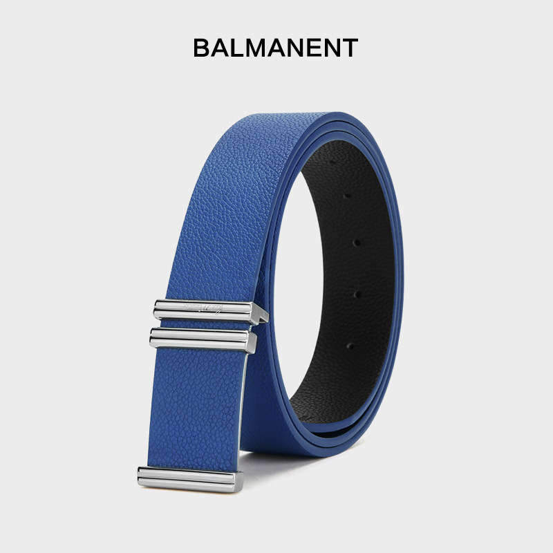 高端头层牛皮腰带新款平滑扣高级风裤带礼盒装时尚休闲蓝色皮带男