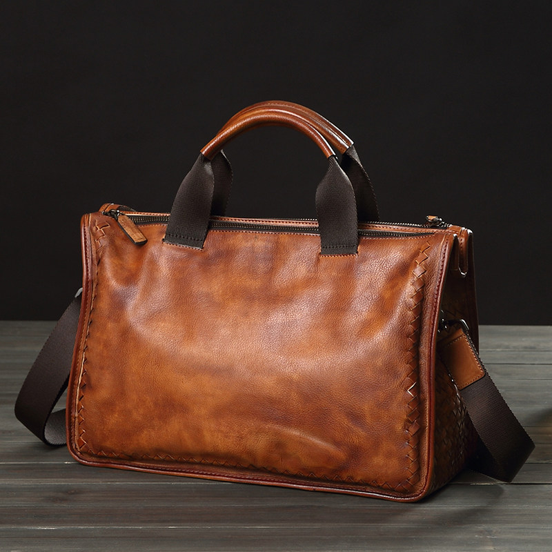 牛皮男包真皮软皮编织男士手提包休闲复古商务公文包单肩斜挎包包