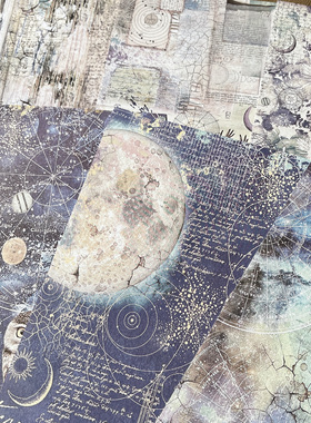 junk journal蓝色背景纸宇宙星辰手账素材纸狼鹿动物diy装饰打底