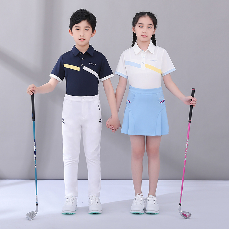 T95夏季高尔夫儿童服装男女童短袖T恤速干透气面料青少年翻领T恤