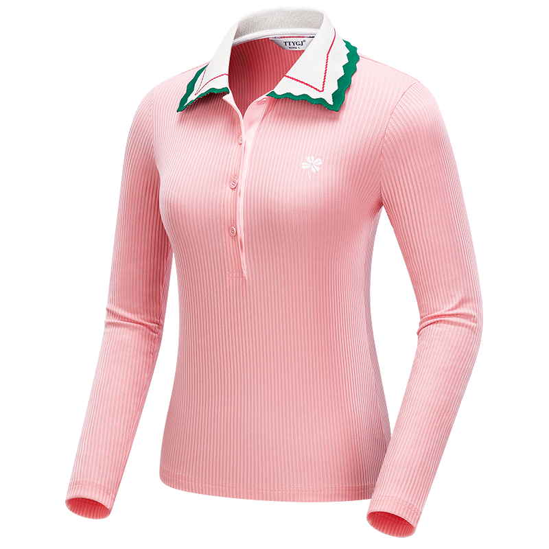 T266高尔夫服装女款运动速干长袖上衣女秋冬韩版竖条纹翻领针织料