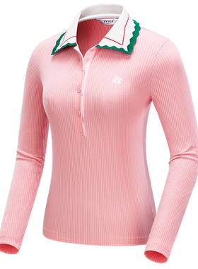 T266高尔夫服装女款运动速干长袖上衣女秋冬韩版竖条纹翻领针织料