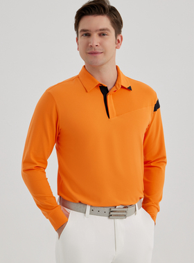 高尔夫长袖T恤男装翻领运动上衣春秋golf服装速干透气polo衫橙色