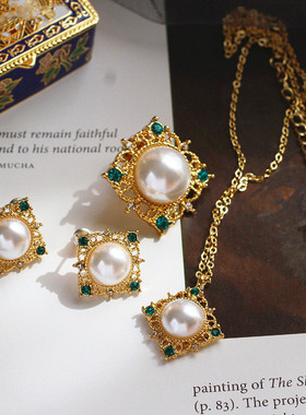 僵硬猫 古董款珍珠祖母绿色宝石 耳夹耳钉项链胸针套装