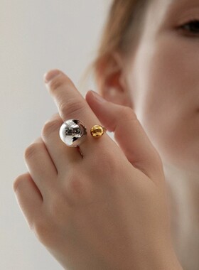 有球必应拼色双色大小圆珠戒指拼接金缠绕指环开口食指极简戒