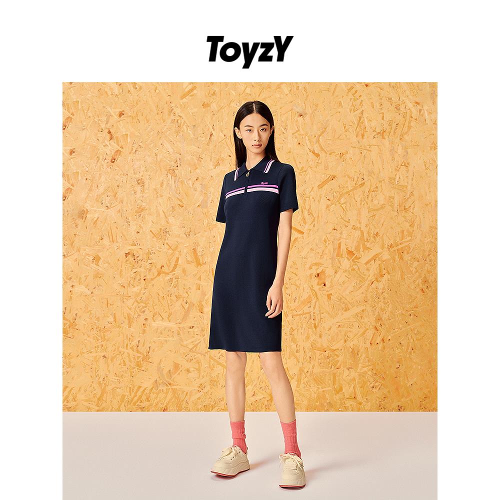 ToyzY2024年秋新款粉蓝撞色半开襟天麻丝针织polo连衣裙休闲风