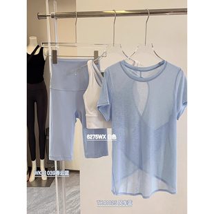 宽松透气运动上衣外穿跑步健身短袖 C.Cya镂空美背瑜伽服短袖 套装