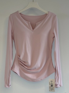 C.CYA带胸垫瑜伽服上衣V领收腰显瘦运动休闲健身速干长袖T普拉提