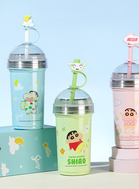 蜡笔小新童趣奶茶杯316不锈钢吸管桌面保温杯625ml果汁奶茶咖啡杯