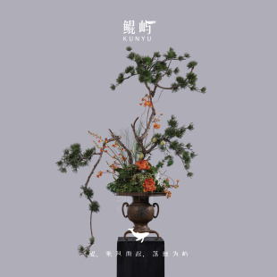 酒店餐厅玄关装 鲲屿 春园满色 做旧铜制仿真花艺 饰品 新中式