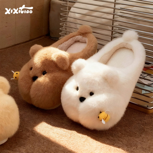 细细条情侣软萌小胖熊棉拖鞋