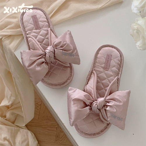 细细条甜美蝴蝶结室内棉麻拖鞋