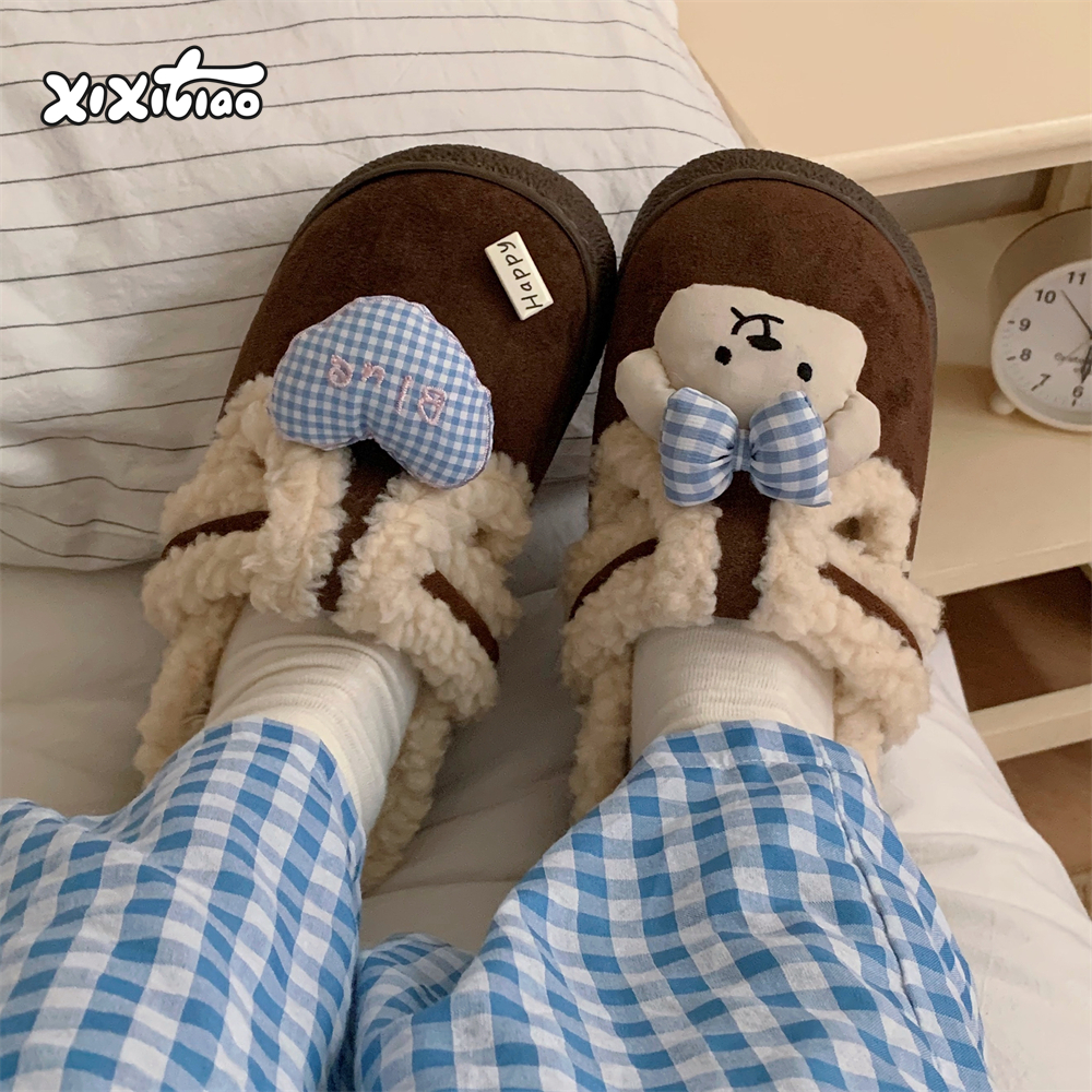 细细条可爱格子蝴蝶结小熊棉拖鞋