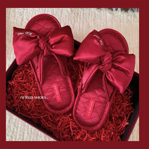 细细条四季透气红书喜庆拖鞋