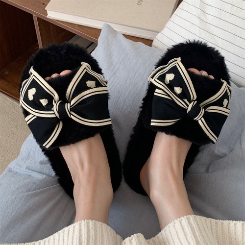 细细条创意蝴蝶结居家一字棉拖鞋